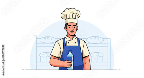 Smiling Man Chef Posing In Bakery With Water Bottle Offering Refreshment And Good Eats