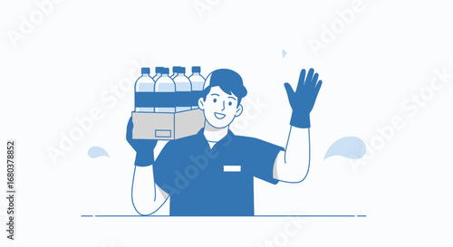 Smiling Man Delivering Bottled Water with a Friendly Wave Presenting a Refreshing Beverage