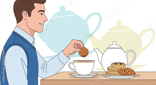 Smiling Man Dips Cookie into Tea, Representing Comfort and Afternoon Relaxation