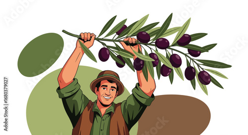 Smiling Man Holding Olive Branch Showing Abundance Of Olive Harvest Season