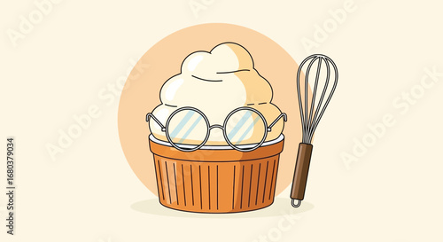 Sweet Cupcake Character Wearing Glasses and Baking Utensil in a Whimsical Illustration