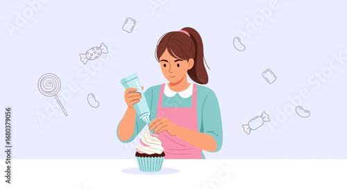 Sweet Delight: Decorating Cupcake with Icing in a Vibrant, Decorative Illustration