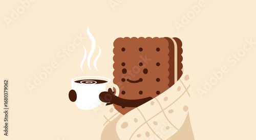 Sweet Delight: A Cozy Cartoon Biscuit Sipping Coffee with Warming Comforts