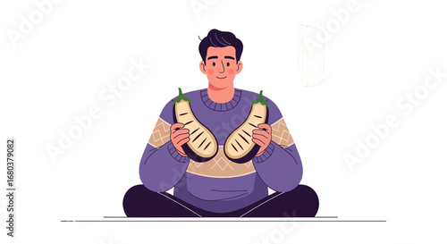Smiling Man Holding Sliced Eggplants Shows Vegetarian Delights and Fresh, Healthy Eating