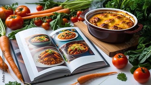 Title: A beautifully styled cookbook lies open on a rustic wooden table with fresh ingredients and kitchenware