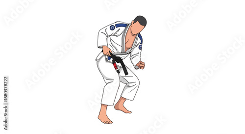 Illustration of a determined Jiu-Jitsu athlete in a gi executing a technical movement illustration
