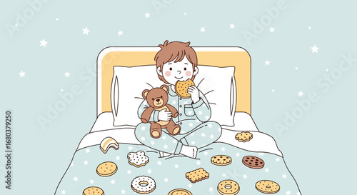 Sweet Dreams: A Child Enjoys Cookies And A Teddy Bear In A Cozy Bed