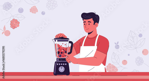 Smiling Man Preparing Berry Smoothie in a Modern Blender with Decorative Floral Accents