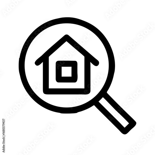 Magnifying glass focusing on a house outline icon representing property search and real estate finding concept