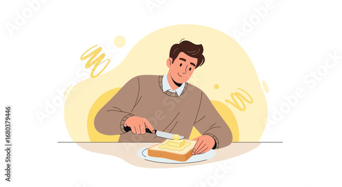 Smiling Man Spreading Butter On Toast, Preparing Breakfast, Simple Illustration Style