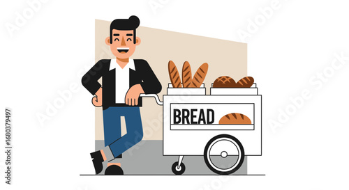 Smiling Man With Bread Cart Offers Freshly Baked Goods In Whimsical Illustration
