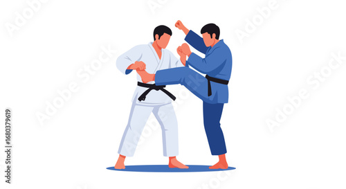 Dynamic Martial Arts Illustration: Two Fighters Engaging in an Intense Sparring Session with Precision and Skillful Movements