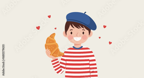 Smiling Parisian Boy With Croissant And Decorative Hearts, Simple, Cheerful, Happy.