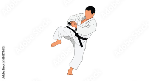 Dynamic Karate Practitioner Executing a Knee Strike with Precision and Power in a Clean Isolated Illustration Depicting Martial Arts Skill and