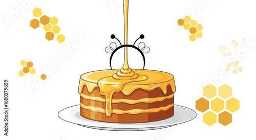 Sweet Honey Cake with Bee Design and Drizzling Honey on White Plate, Vector Illustration