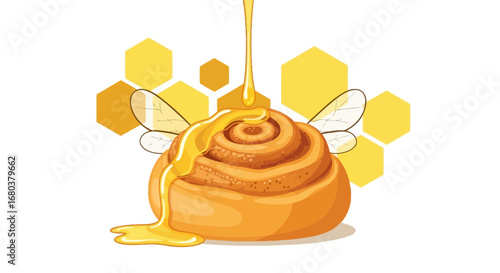 Sweet Honey-Glazed Roll Decorated With Wings And Hexagons On Isolated White Background