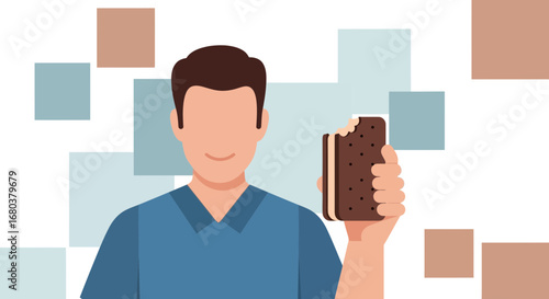Smiling Person Enjoying A Chocolate Ice Cream Sandwich Against Abstract Background