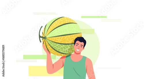 Smiling Person Holding a Large Muskmelon Over His Shoulder Illustration in Vector Format