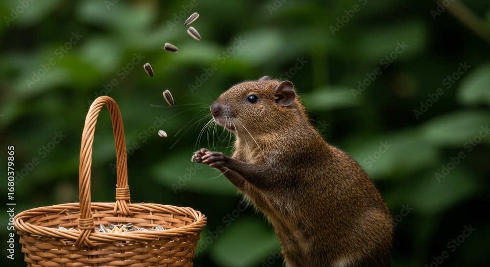 Obraz premium Agouti delicately catching falling seeds near a woven wicker basket filled with grains of food in lush green forest