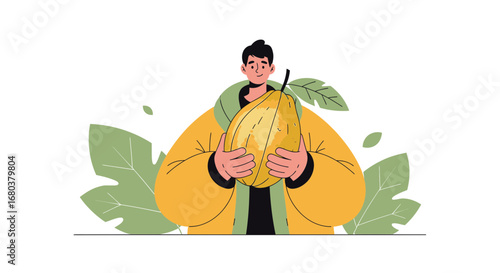 Smiling Person Holds Up Vibrant, Large Fruit with Leafy Surroundings in Yellow Color