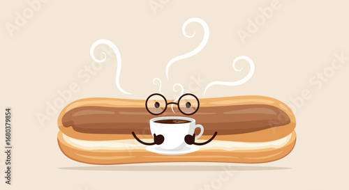 Sweet Pastry With Glasses Embraces a Coffee Cup Enjoying Warm, Pleasant Vibe
