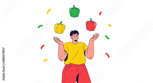 Smiling Person Is Juggling Colorful Peppers in Dynamic And Attractive Illustration