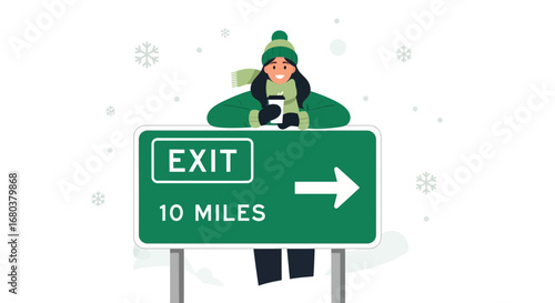 Smiling Person Leaning on a Highway Sign, Indicating an Exit During Winter Weather