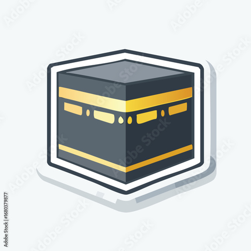 Kaaba illustration in Mecca, Islamic holy site symbol with black cube and golden details, sacred religious icon design