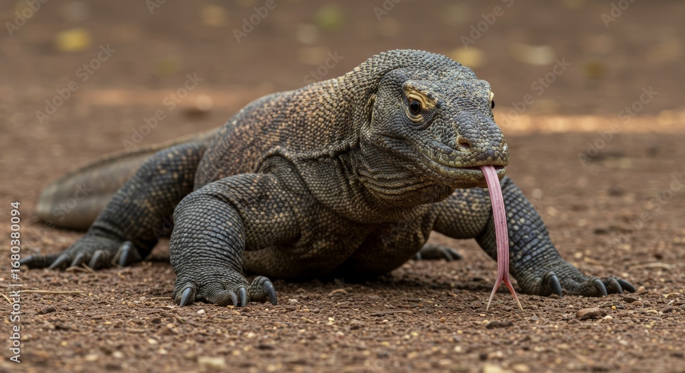 Obraz premium Komodo Dragon with Tongue Out Exploring its Habitat with Curiosity