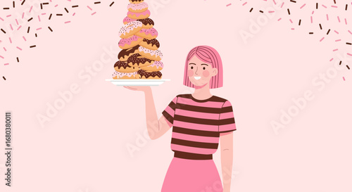 Sweet Smiling Pink Haired Figure Holding A Towering Stack Of Delicious Doughnuts