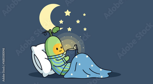 Smiling Pod Character Reads A Book Under A Nighttime Sky, Cute Cartoon Illustration