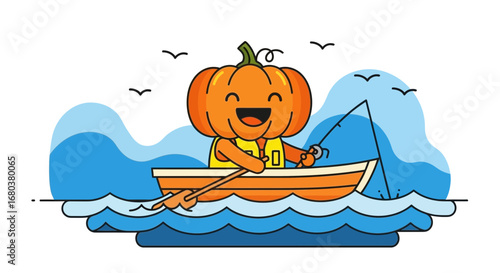 Smiling Pumpkin Character Enjoying Fishing Trip on the Water Near Little Birds