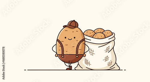 Smiling Potato Character Displaying Potatoes With A Sack And A Cute Cartoonish Illustration