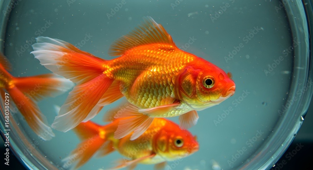 Fototapeta premium Two goldfish swimming in aquarium