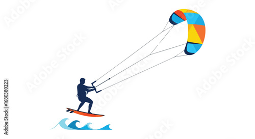 Dynamic kitesurfer silhouette glides across vibrant ocean waves under a patterned sail against a clean white backdrop