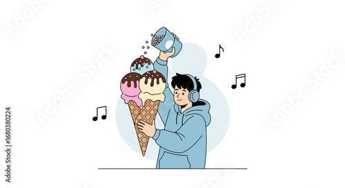 Sweet Symphony: Enjoying Ice Cream And Melodies Under Digital Illustrations