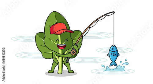 Smiling Spinach Character Catches a Fish with Enthusiasm on a Sunny Day