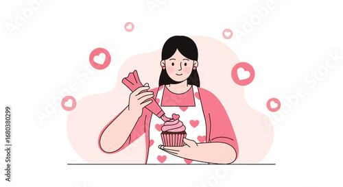 Sweet Treat Creation: Delightful Woman Decorating Lovely Cupcake with Pink Frosting