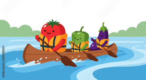 Smiling Vegetables Go Canoeing Together Enjoying A Sunny Day Of Adventure And Outdoor Fun