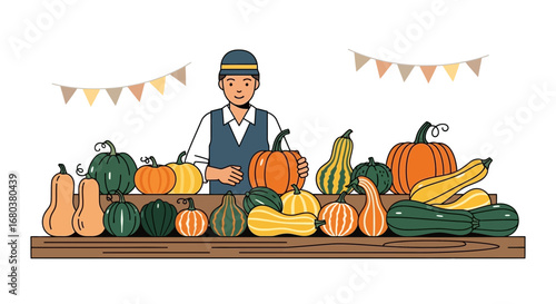 Smiling Vendor Displaying Autumnal Gourds and Pumpkins at Farmers' Market Illustration