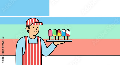 Smiling Vendor Offers Colorful Paletas On A Tray Against A Pastel Striped Background