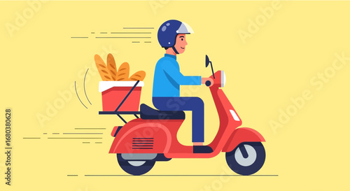 Swift Rider Delivering Fresh Bakery Goods On Retro Scooter in Vibrant Illustration