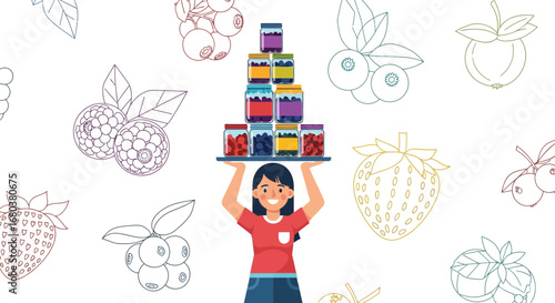 Smiling Woman Carefully Balancing Fruit Jars on a Tray with Artistic Berry Elements