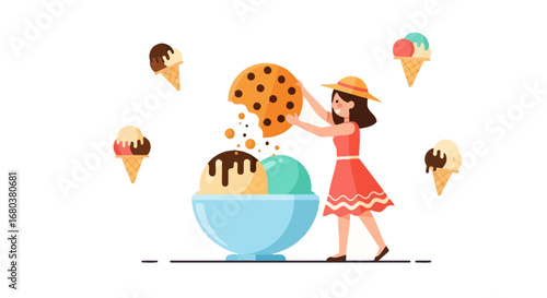 Smiling Woman Crafting Delicious Dessert with Ice Cream Treats and a Cookie
