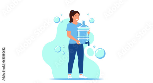 Smiling Woman Carrying A Large Bottle of Fresh Water, Ready To Hydrate Her Body