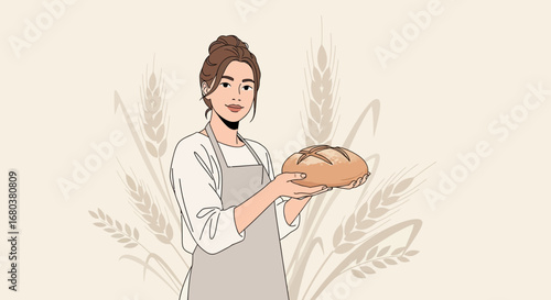 Talented Baker Holding a Freshly Baked Loaf Illustrated With Wheat Background