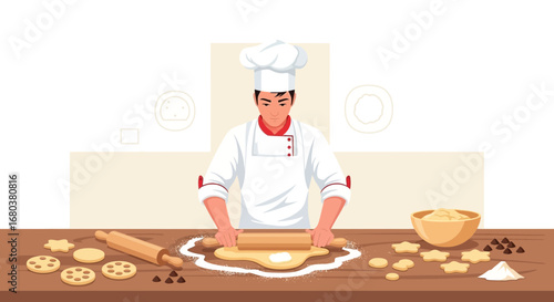 Talented Baker Perfectly Rolls Dough Preparing Delicious Cookies in A Cozy Kitchen