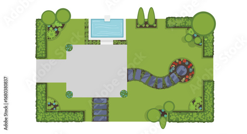 Detailed garden landscape plan, incorporating a modern house, pool, winding stone path, and vibrant floral features, demonstrating harmonious space