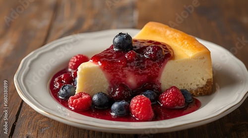 A delectable slice of creamy New York style cheesecake on plate