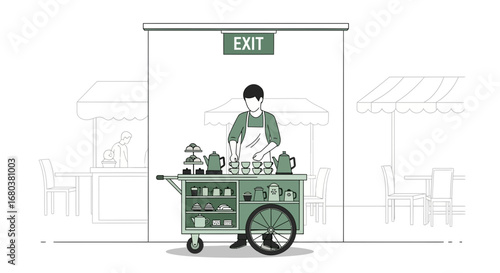 Tea Cart Operator Serving Customers Outdoors Against Commercial Building Facade